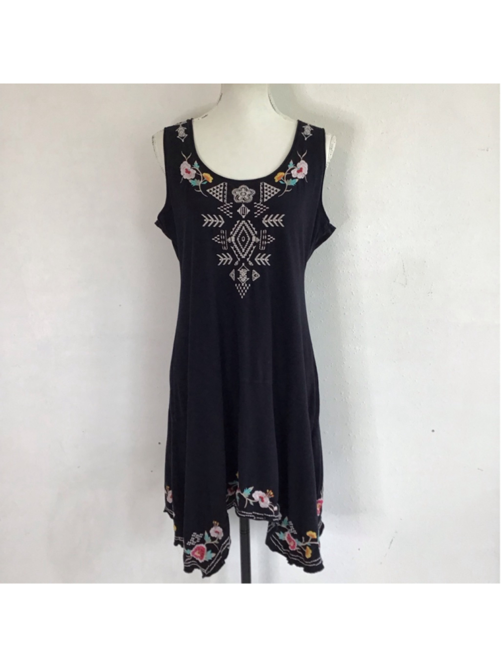 JW Los Angeles Women Black Embroidered Asymmetrical Summer Dress L